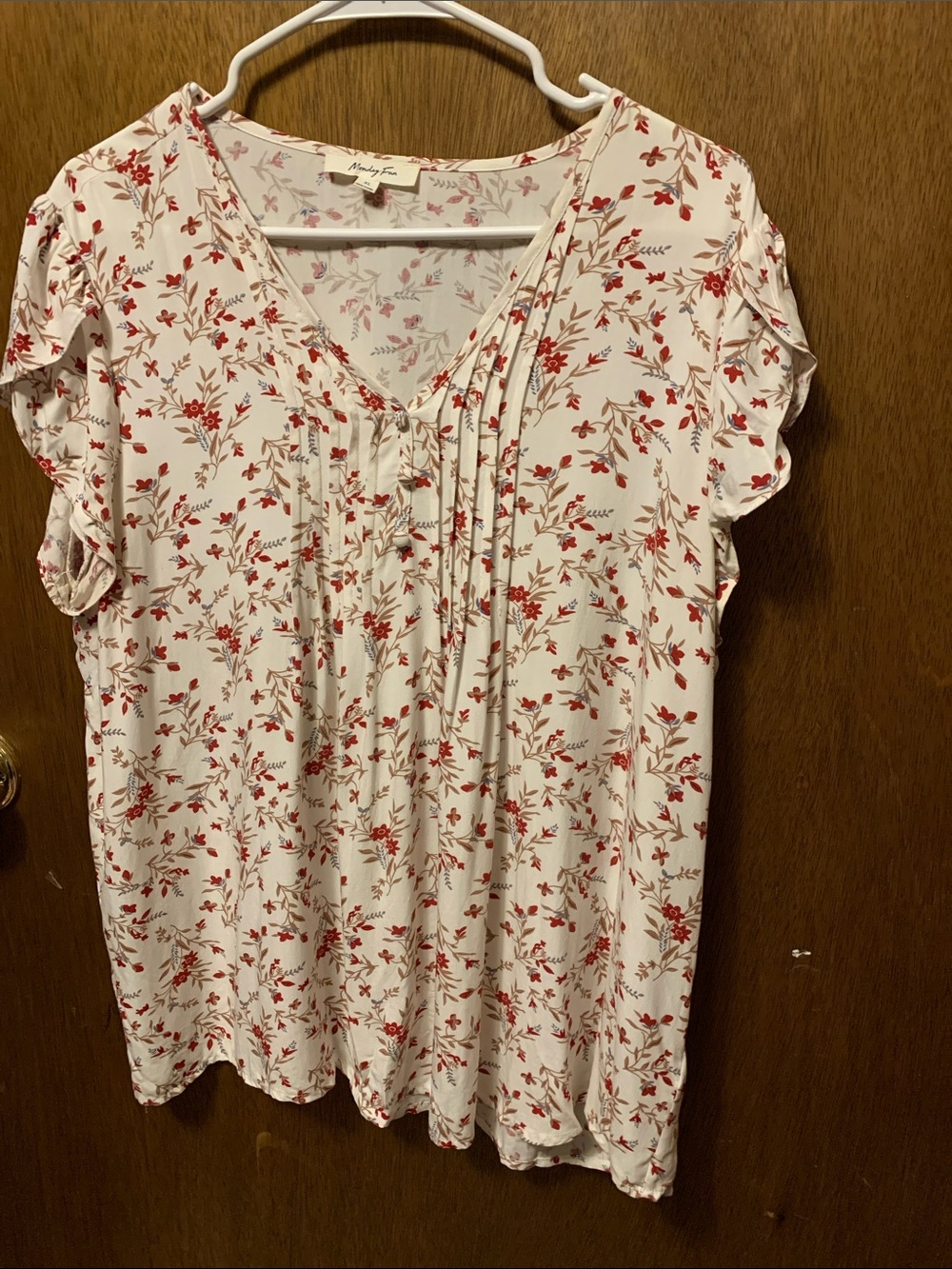 Floral Pintuck V-Neck Blouse in Cream and Red by Monday fun